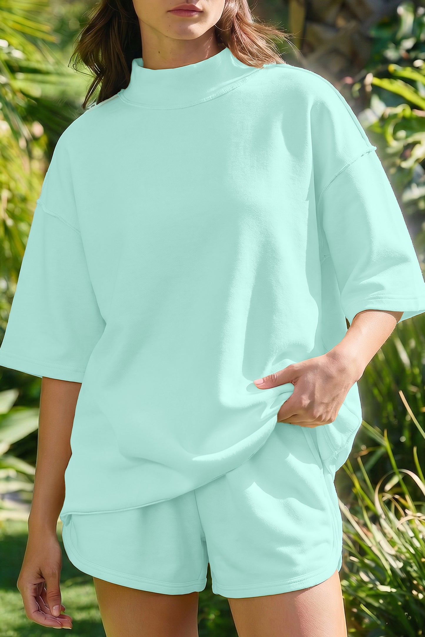 Yellow Cream Solid Color Exposed Seam Mock Neck Oversize Tee Casual Shorts 2pcs Outfit