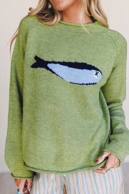 Meadow Mist Green Unique Fish Knit Oversized Round Neck Sweater