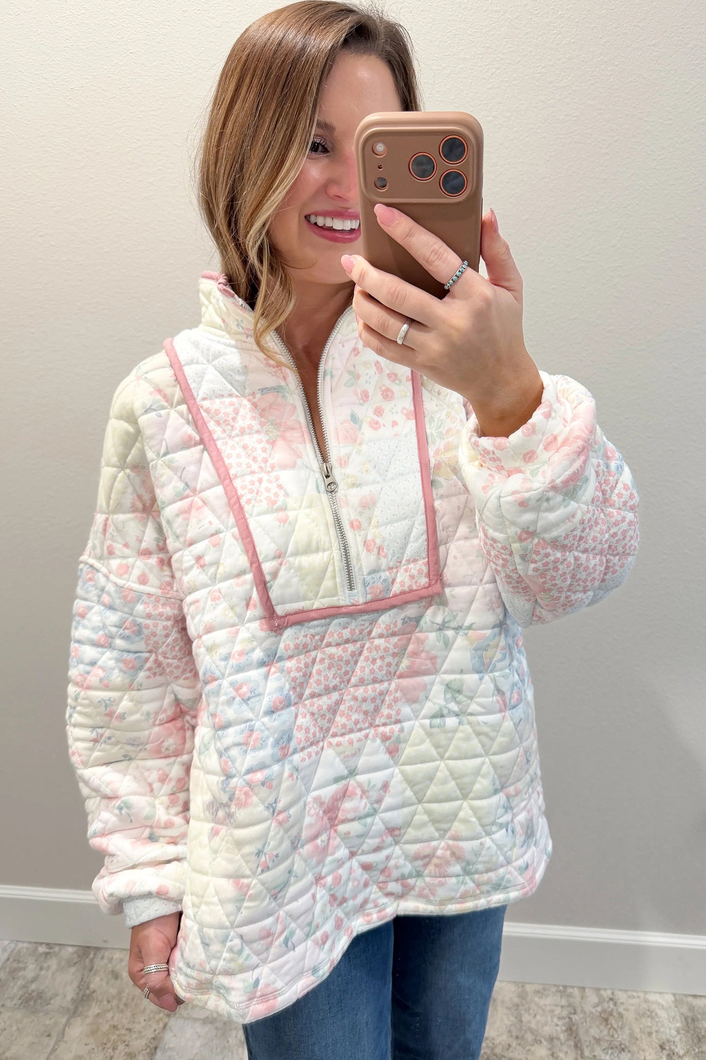 Multicolour Floral Quilted Metal Zipper Collar Long Sleeve Sweatshirt