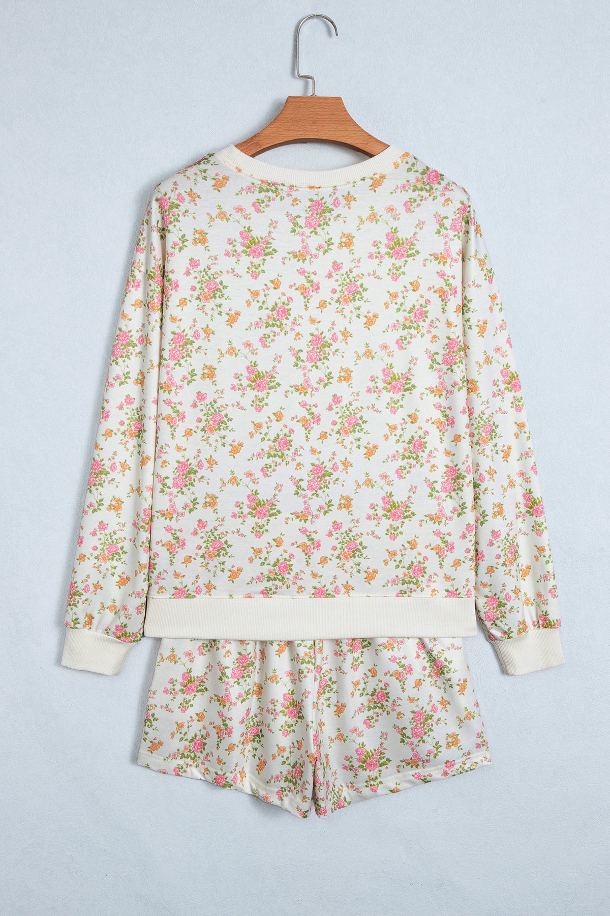 Beige Floral Print Long Sleeve Shift Top Pocketed Shorts 2pcs Set