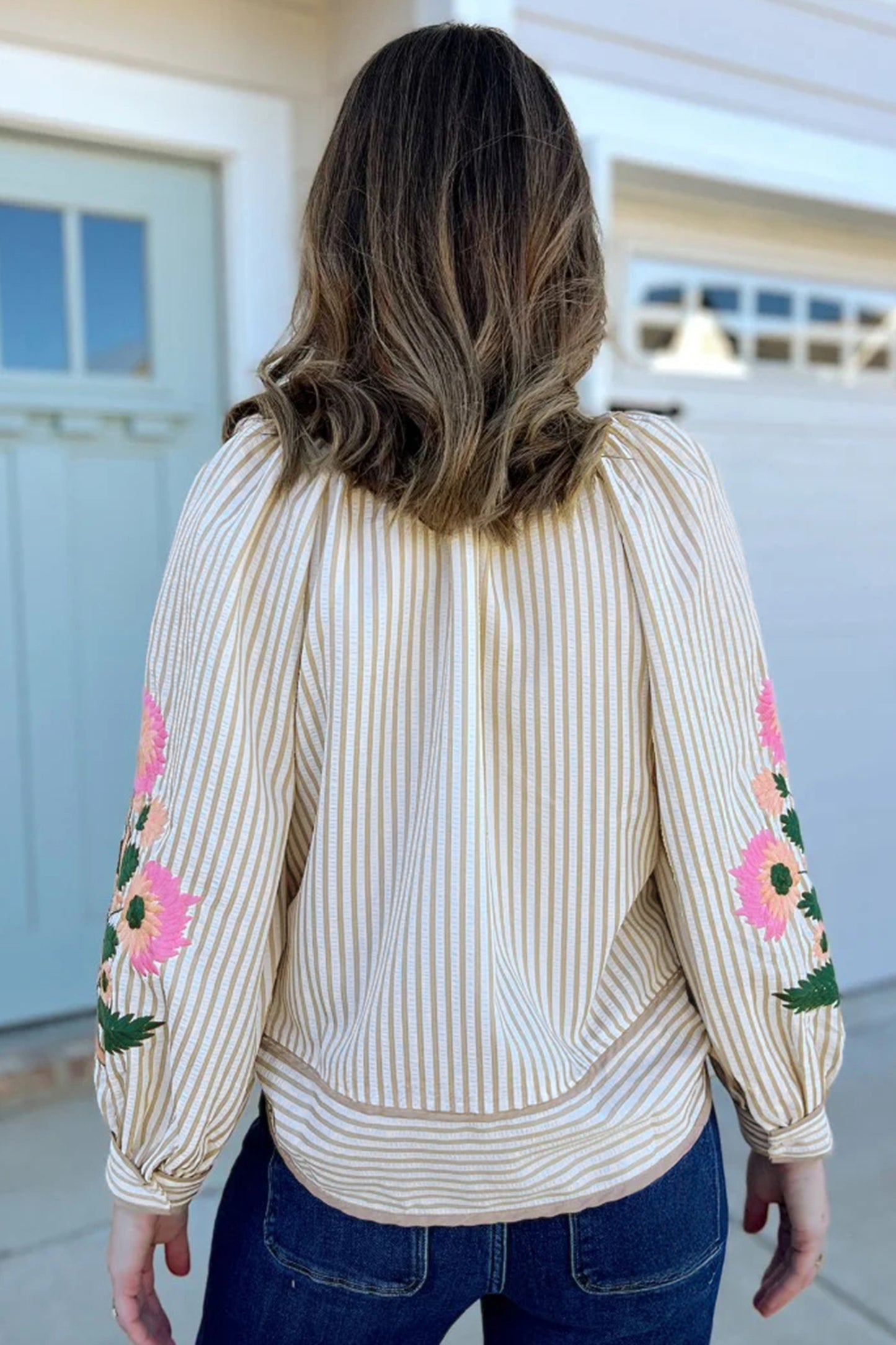 Khaki Stripe V Neck Floral Embroidered Long Sleeve Blouse