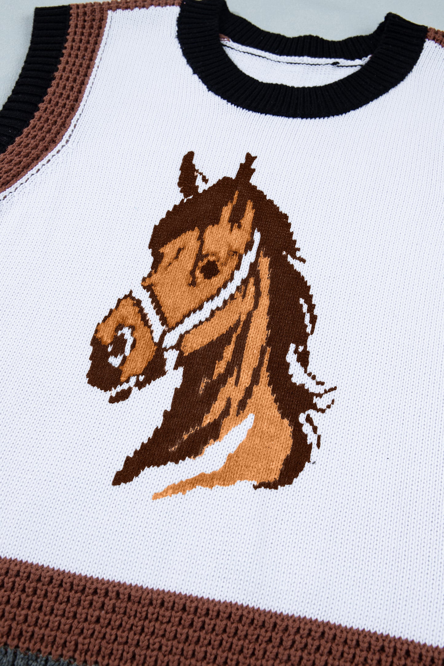 White Western Horse Head Colorblock Trim Sweater Vest