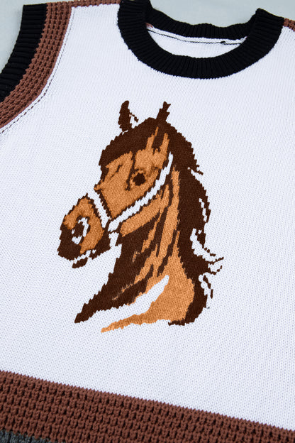 White Western Horse Head Colorblock Trim Sweater Vest
