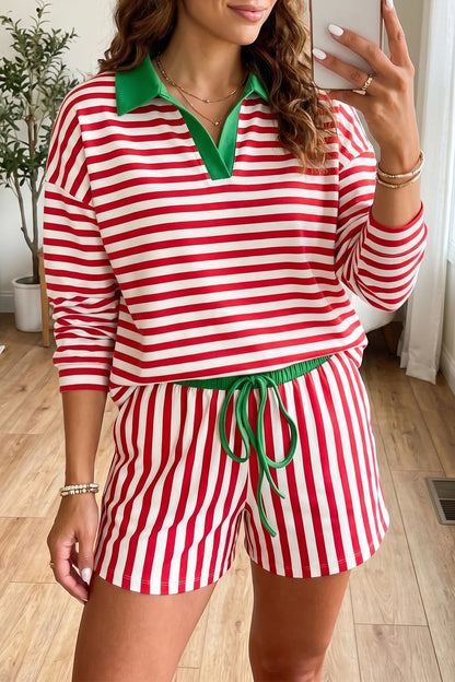 Red Stripe Colorblock Trim Polo Collar Drawstring Elastic Waist Band Casual 2pcs Outfit