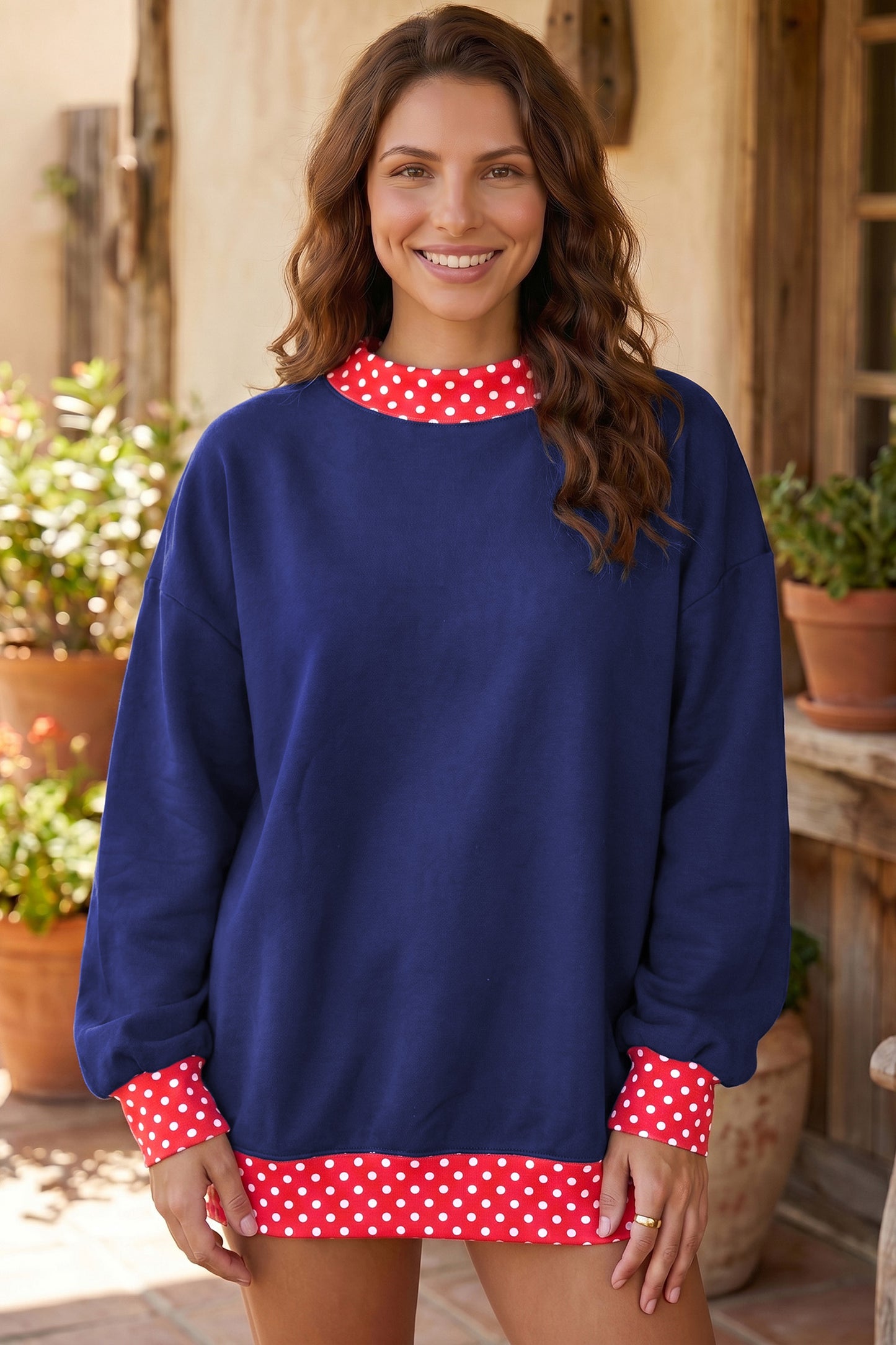 Brown Colorblock Polka Dot Contrast Trim Oversized Sweatshirt