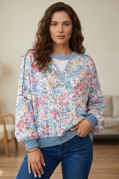 Multicolour Floral Print Round Neck Long Sleeve Top
