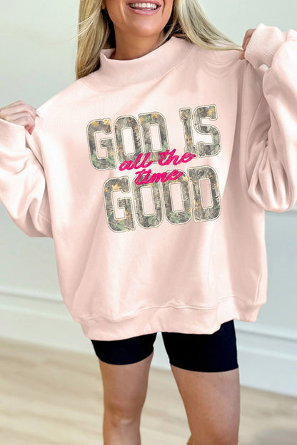 Apricot Pink Camo Print Letter Graphic Mock Neck Sweatshirt