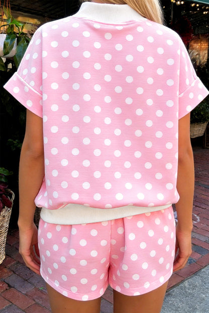 Yellow Polka Dot Print Color Block Trim Mock Neck Short Set