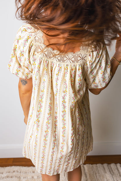 Multicolour Floral Print Contrast Ribbon Bow Lace Trim Square Neck Mini Dress