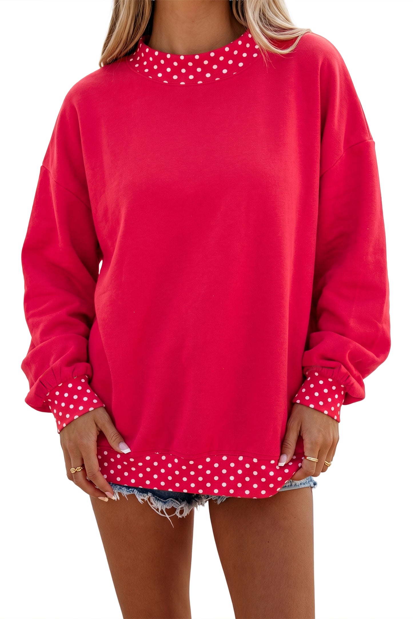 Brown Colorblock Polka Dot Contrast Trim Oversized Sweatshirt