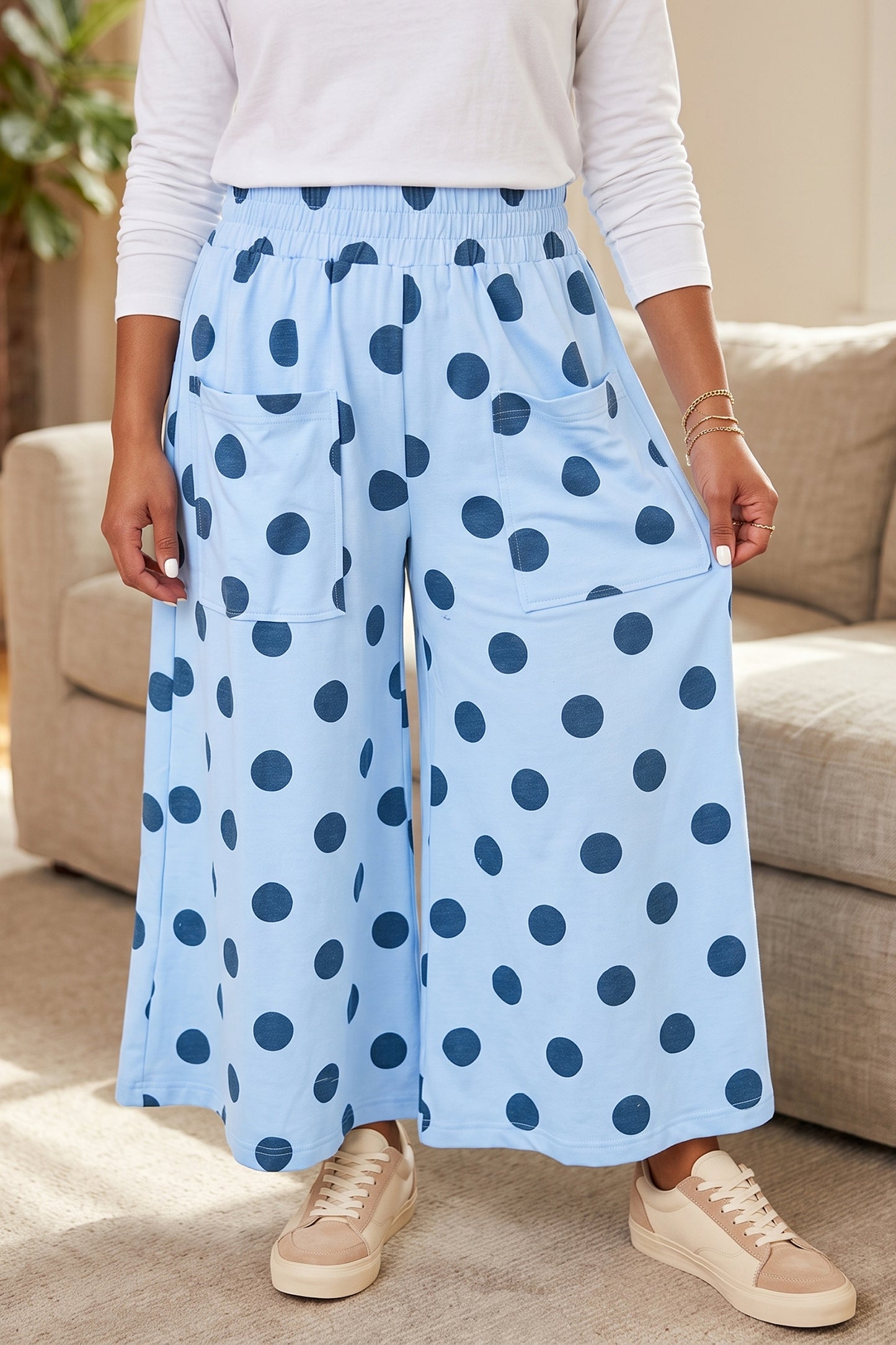 Khaki Polka Dot Elastic Waist Wide Leg Plus Size Pants