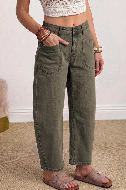 Coffee Solid Color Square Patch Pocket Ankle-length Barrel Jeans