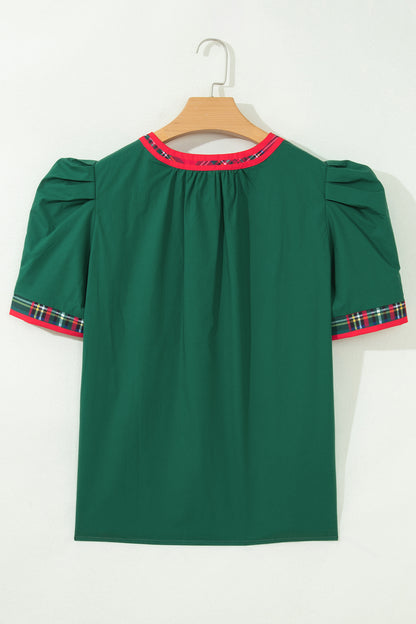 Evergreen Plaid Trim V Neck Short Sleeve Shift Blouse