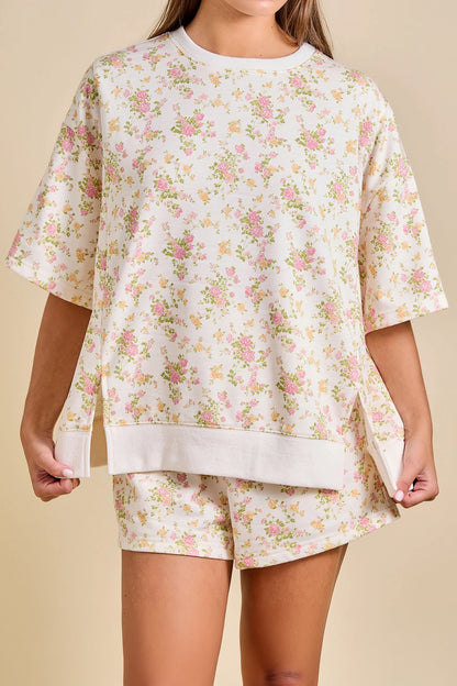 Pink Floral Print Short Sleeve Elastic Waist Pocket Two Piece Set