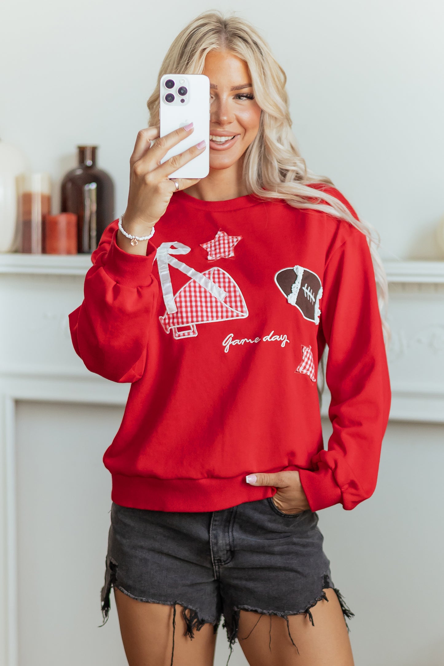 Black Gingham Patch Embroidered Rugby Game Day Stars Sweatshirt