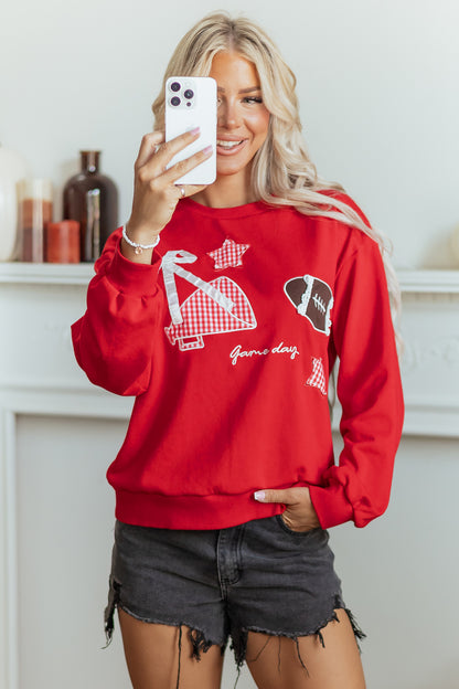 Black Gingham Patch Embroidered Rugby Game Day Stars Sweatshirt