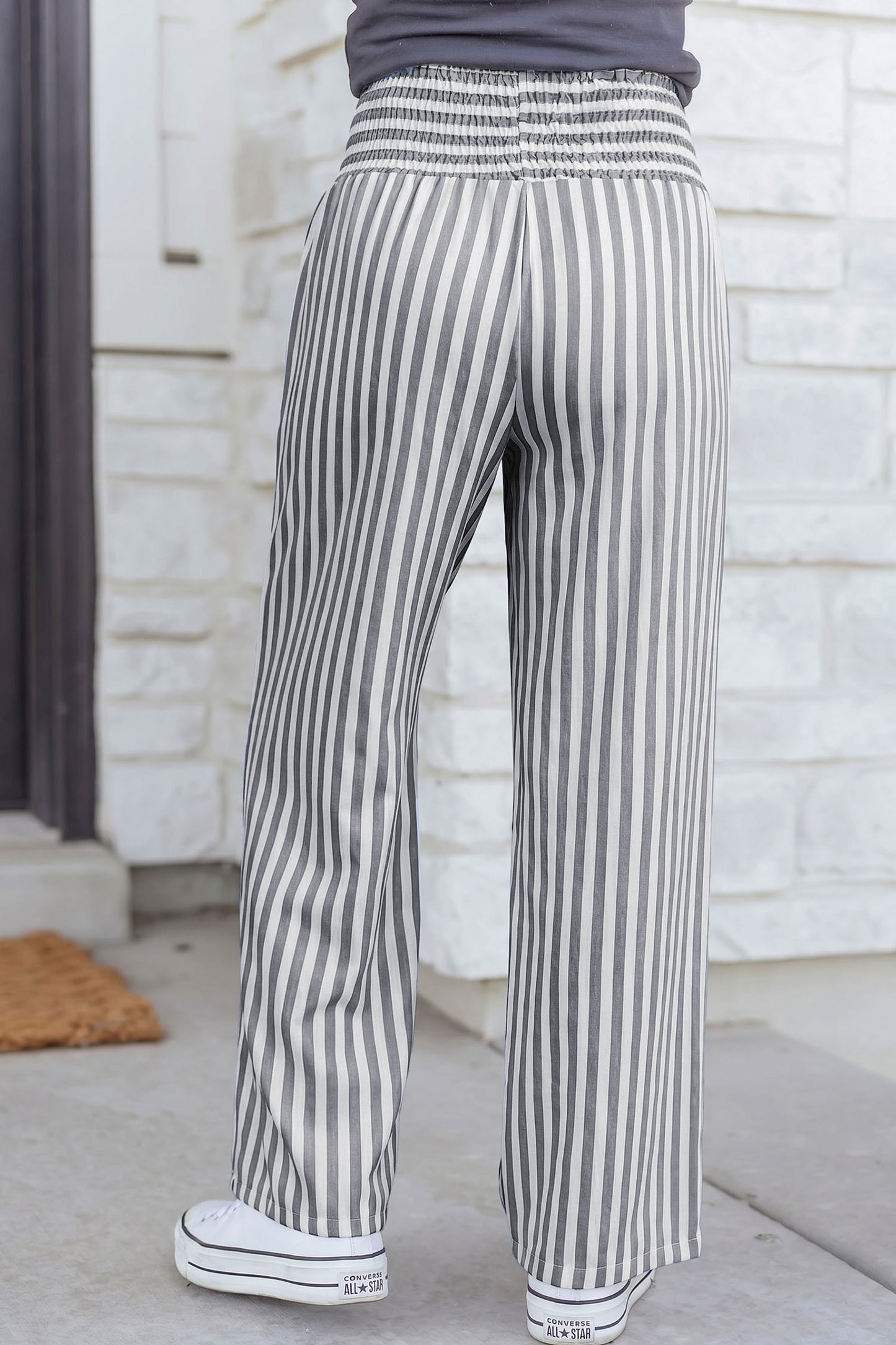 Sky Blue Stripe Shirred High Waist Loose Summer Pants