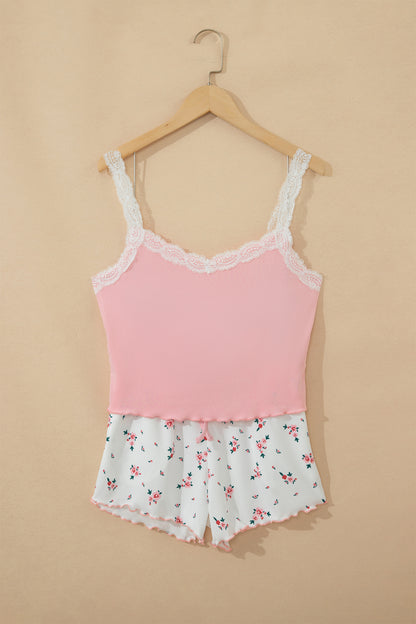 Pink Ribbed Knit Lace Straps Patchwork Lettuce Hem Cropped Top Floral Short Lounge Set