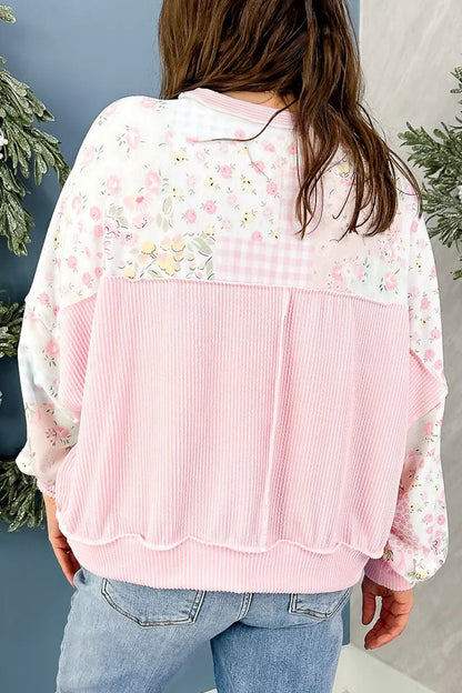 Pink Twisted Ribbed Trim Floral Print Patchwork Long Sleeve Top