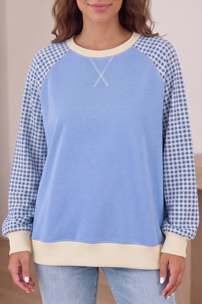 Beige Plaid Sleeve Colorblock Raglan Pullover Sweatshirt