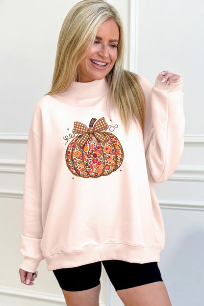 Apricot Pink Floral Pumpkin Graphic Mock Neck Oversized Sweatshirt