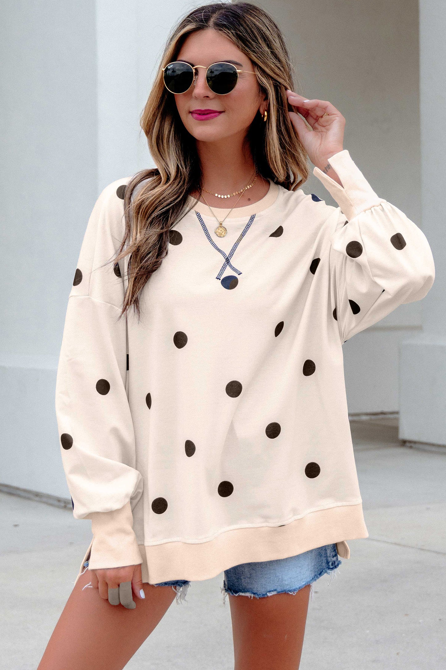 Yellow Polka Dot Loose Long Sleeve Split Hem Pullover Top