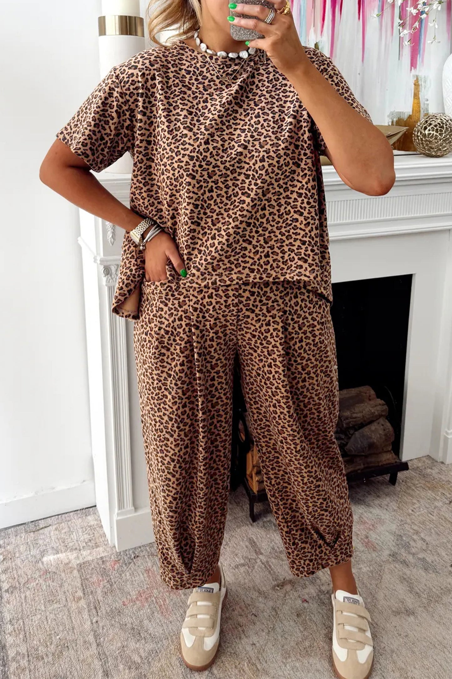 Brown Leopard High-Low Loose Tee Ankle Length Pants Set