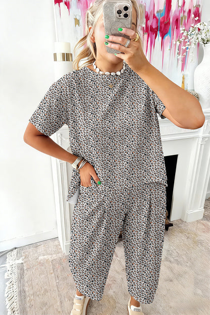 Brown Leopard High-Low Loose Tee Ankle Length Pants Set
