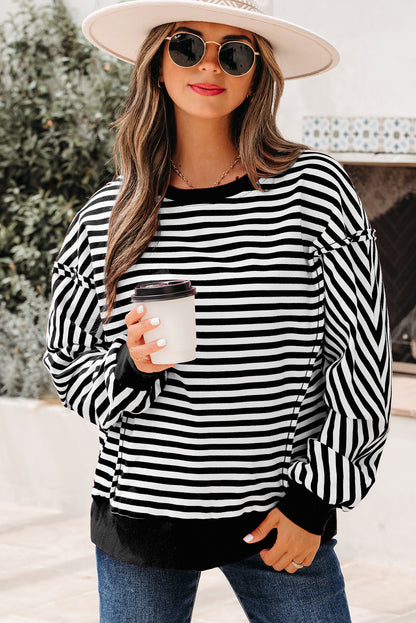 Orange Stripe Exposed Seam Drop Shoulder Casual Pullover Top