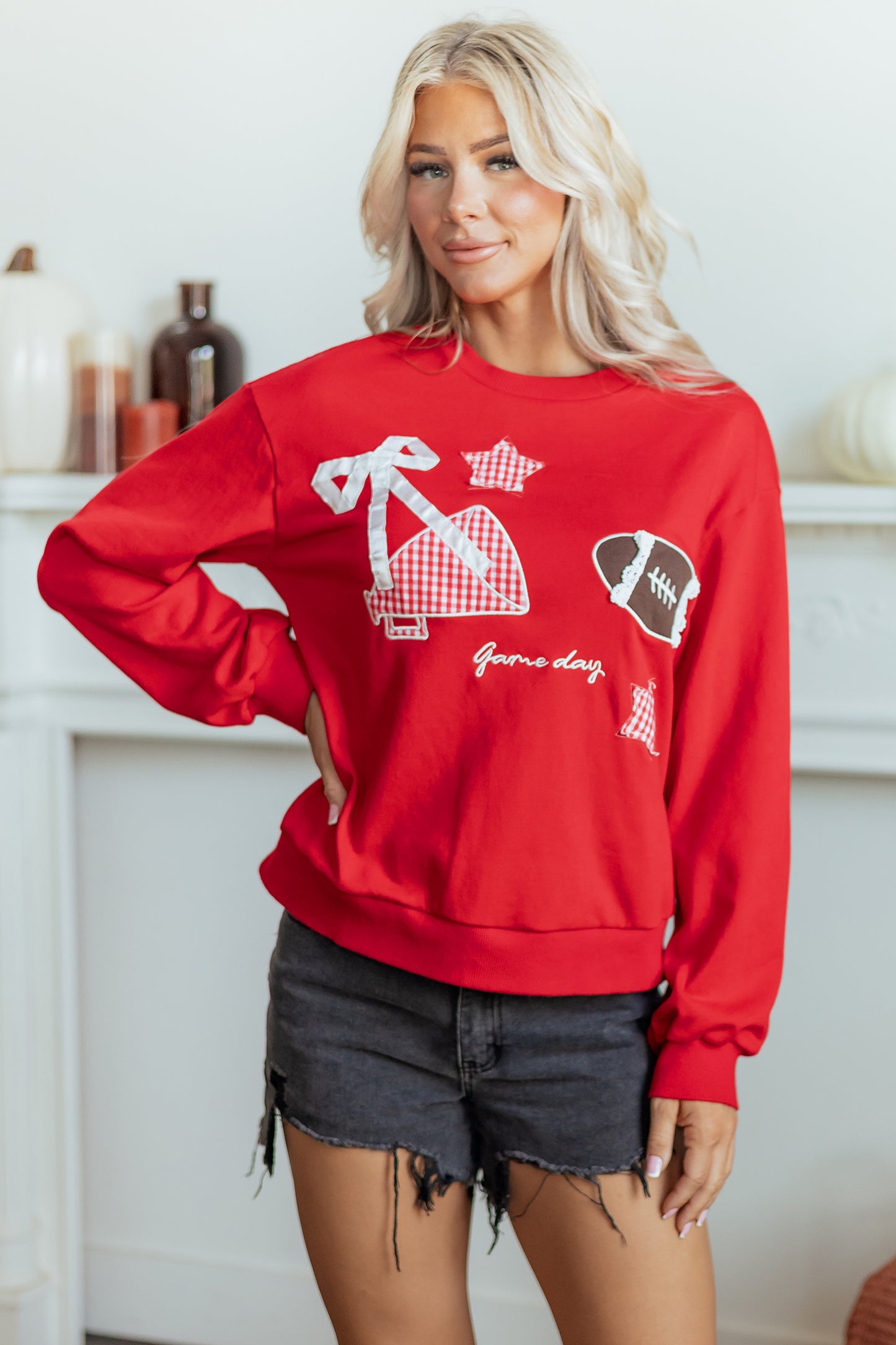 Black Gingham Patch Embroidered Rugby Game Day Stars Sweatshirt